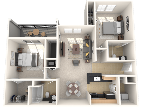 Floor plan for 2 beds, 2 baths, 1005 sqft